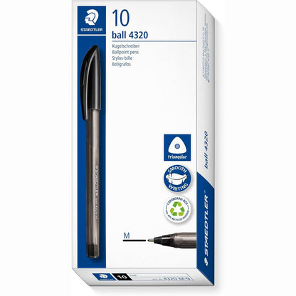 320724 - STAEDTLER Stilolaps trekëndësh, me bojë të zezë, gjerësi vije M afërsisht 1.00 mm, për shkrim të qetë, 10 stilolapsa të zinj në një kuti kartoni, 4320 M-9