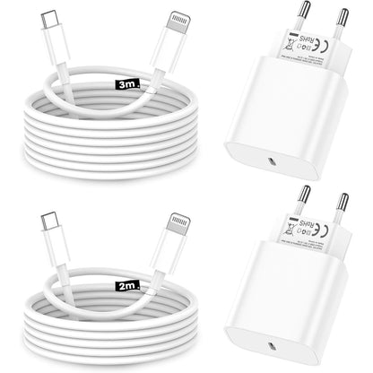 267112 - iPhone Karikues, Pako me 2 Adaptor 20W, Kabllo 2M dhe 3M, USB-C në Lightning, iCertifikuar Apple MFi, iKompatibël me iPhone 14, 13, 12, 11, Pro Max, XS, XR, X, iPad