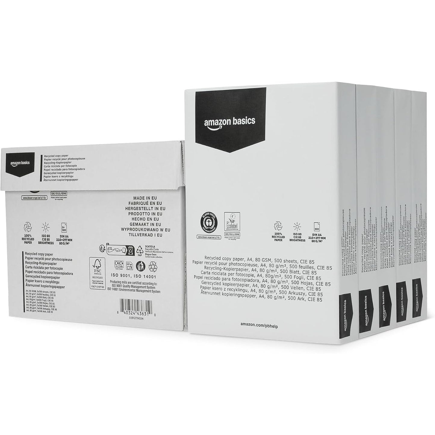 273441 - AMAZON BASICS Letër A4 80gsm 100% e ricikluar, kuti me 5 tufa me nga 500 fletë
