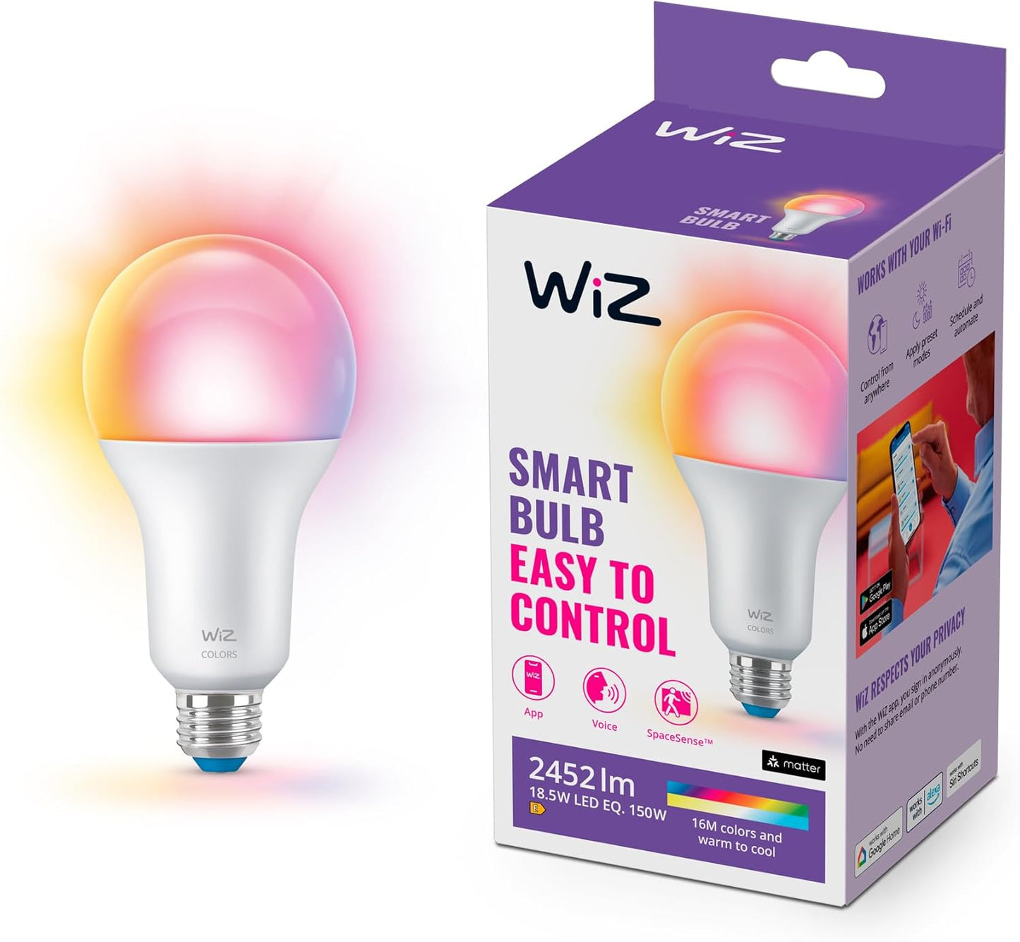 245932 - Llambë LED WiZ e akordueshme, e bardhë dhe me ngjyra, E27, 150 W, 16 milion ngjyra, kontroll inteligjent përmes Wi-Fi