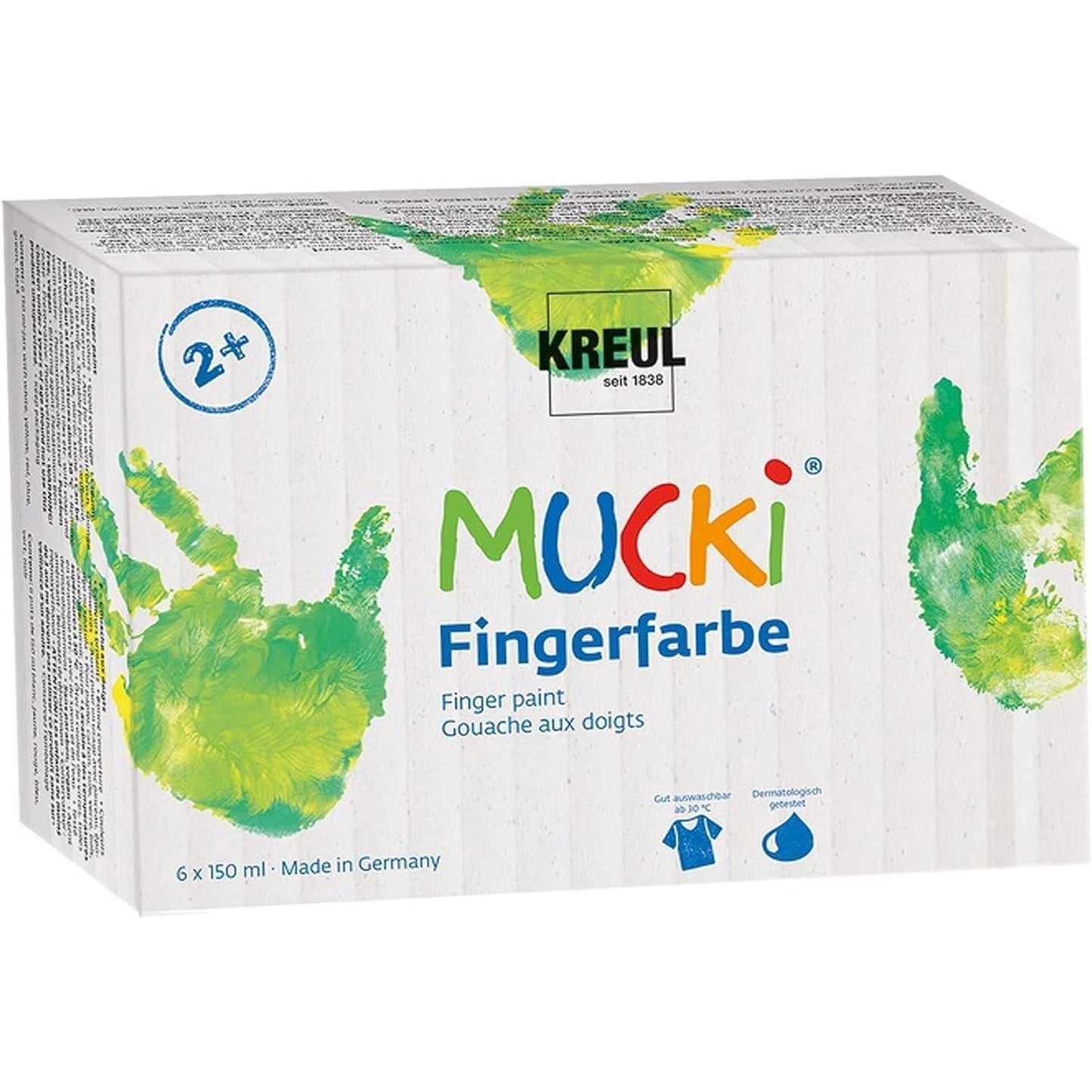 228860 - KREUL 2316 - Bojë për gishtat Mucki vibruese, 6 x 150 ml, e verdhë, e kuqe, blu, jeshile, e bardhë, e zezë, pa parabene, pa gluten, pa laktozë, vegane, e larëshme, mund të aplikohet me furçë dhe gishta.