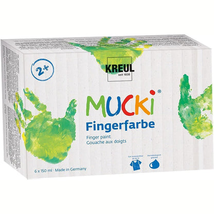 228860 - KREUL 2316 - Bojë për gishtat Mucki vibruese, 6 x 150 ml, e verdhë, e kuqe, blu, jeshile, e bardhë, e zezë, pa parabene, pa gluten, pa laktozë, vegane, e larëshme, mund të aplikohet me furçë dhe gishta.