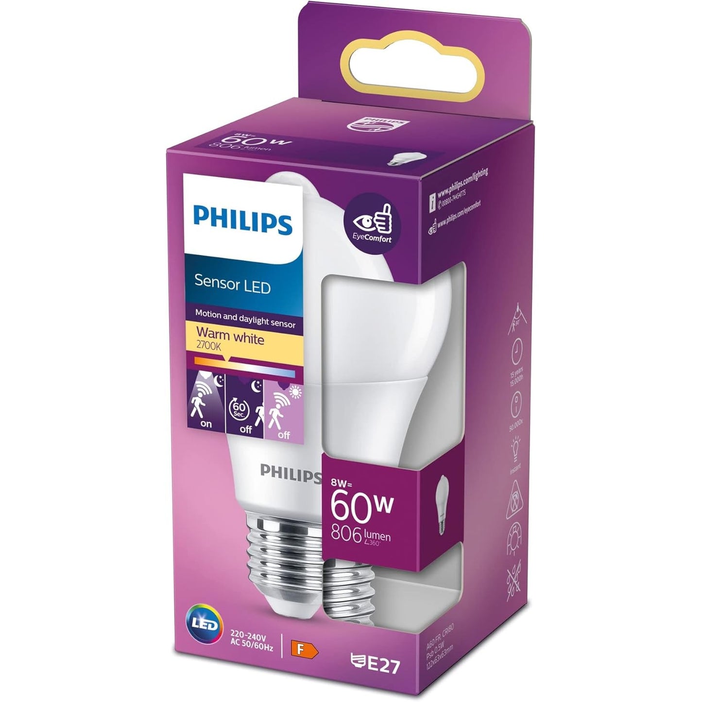 223641 - PHILIPS Llambë LED me sensor 60W E27 e bardhë e ngrohtë, plastike