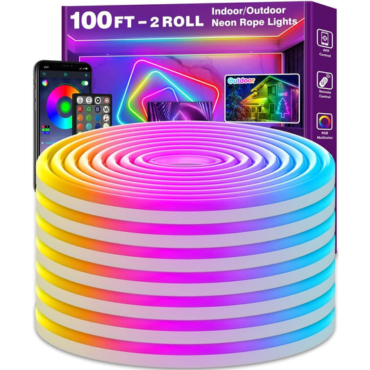 175026 - AILBTON - Shirit LED 30M IP65, Prodhim i Jashtëm dhe të Brendshëm, Neon Flex me Drita RGB dhe Sinkronizim Muzike, Modalitete të Shumëfishta, Kontrollues me Aplikacion dhe Telekomandë, Rezistent ndaj Ujit