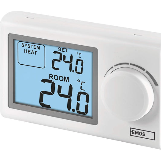 135360 - EMOS - Termostat Dixhital i Dhomës, për Sistemet e Ngrohjes dhe Ftohjes, Montim Portativ në Mur, Kontrollues Temperature për Kontroll Mekanik, me Tela