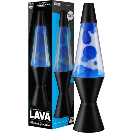 208160 - LAVA® - Llambë Lave Origjinale 2313, Dyllë Blu me Lëng Transparent, Bazë dhe Kapak i Zi, Madhësi 14.5 inç
