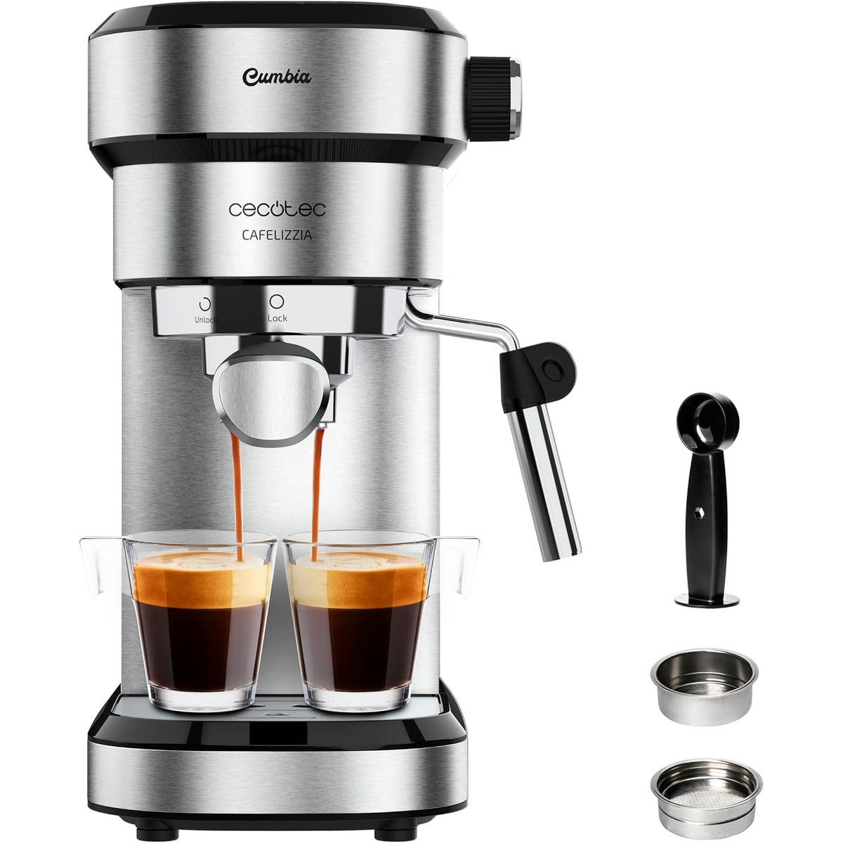 320802 - CECOTEC CAFELIZZIA 790, makinë për espresso dhe kapuçino, 1350W, portafilter me grykë të dyfishtë dhe 2 filtra, presion 20 Bar, rezervuar uji i lëvizshëm 1.2L, çelik inox