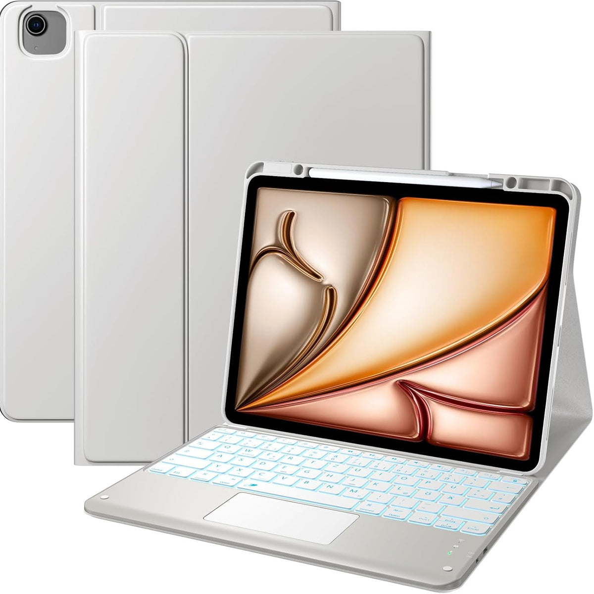 295642 - KUTI VOBAFE ME TASTIERË PËR IPAD AIR 13 INÇ M4 M3 M2 (2026/2025/2024), IPAD PRO 12.9 INÇ (GJENERATA E 3-TË, E 4-TË, E 5-TË, E 6-TË), TASTIERË QWERTZ, TRACKPAD ME SHUMË PREKJE, NDRICIM PRAPA ME 7 NGJYRA, ME MBAJTËSE STILOLAPSI, GRI E ÇELËT