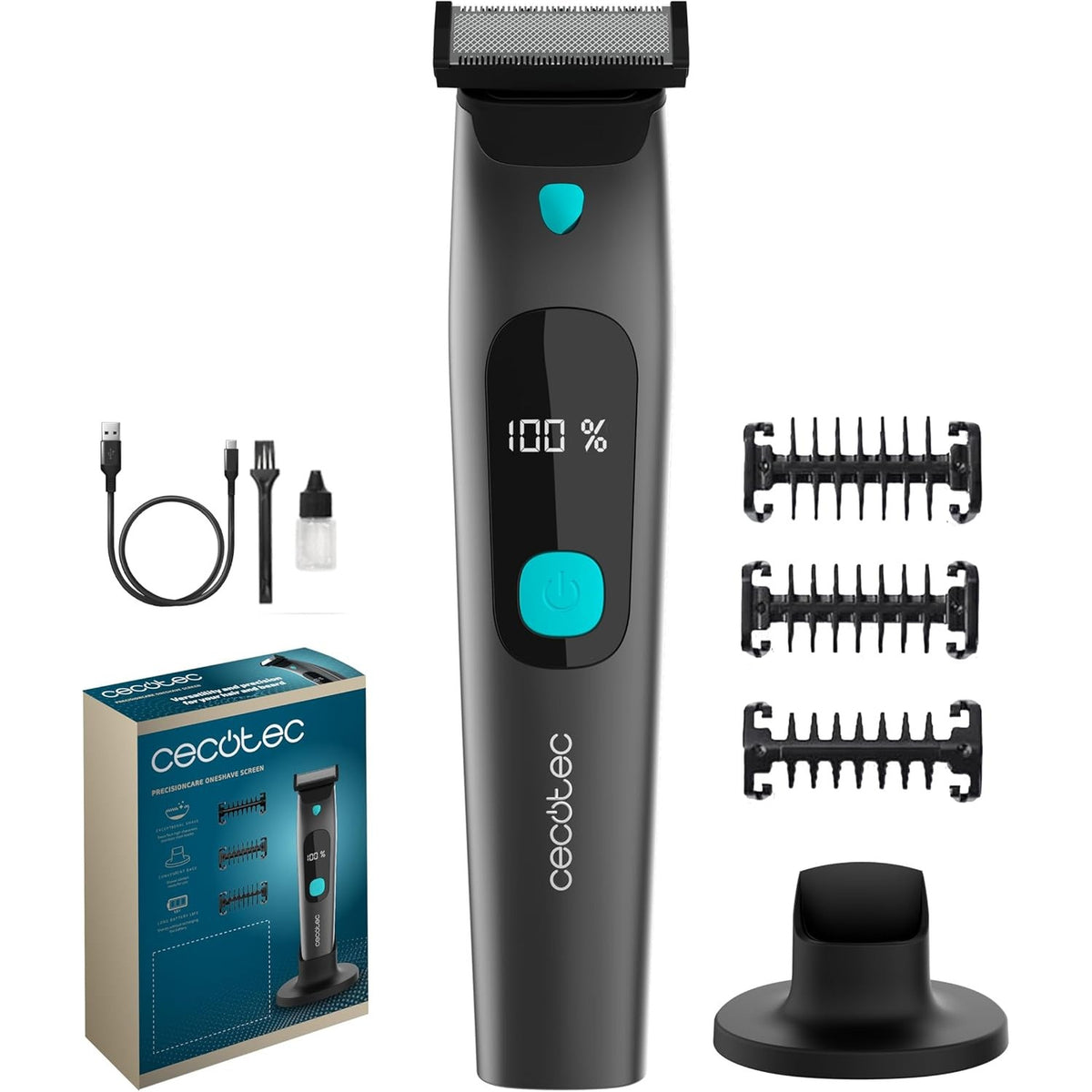 336355 - CECOTEC Makinë prerëse flokësh dhe rroje fytyre PrecisionCare OneShave, Tehe çeliku inox, 3 krehëra (1/3/5 mm), bazë ruajtëse, jetëgjatësi baterie 1.5 orë, rezistencë IPX7, ekran inteligjent.