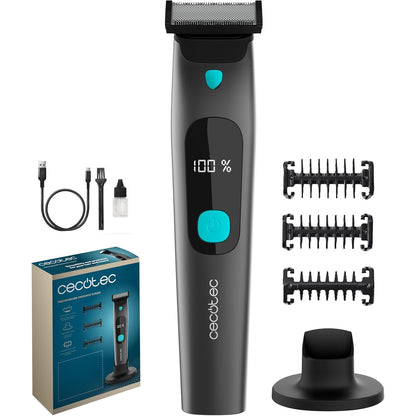336355 - CECOTEC Makinë prerëse flokësh dhe rroje fytyre PrecisionCare OneShave, Tehe çeliku inox, 3 krehëra (1/3/5 mm), bazë ruajtëse, jetëgjatësi baterie 1.5 orë, rezistencë IPX7, ekran inteligjent.