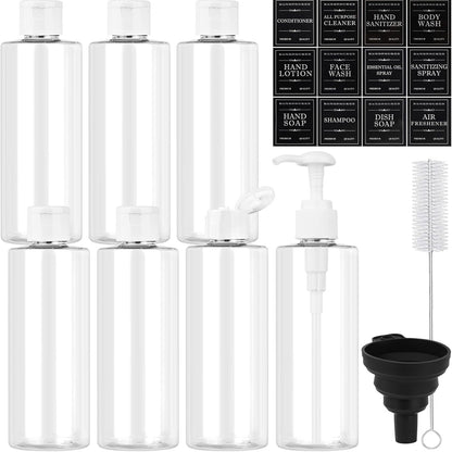 220510 - MAXUMILLE Set shishesh udhëtimi bosh 7 copë 250ml me kapak rrotullues, pompë shtytëse, gyp, shishe plastike transparente, enë udhëtimi të rimbushshme për shampo, xhel dushi, locion