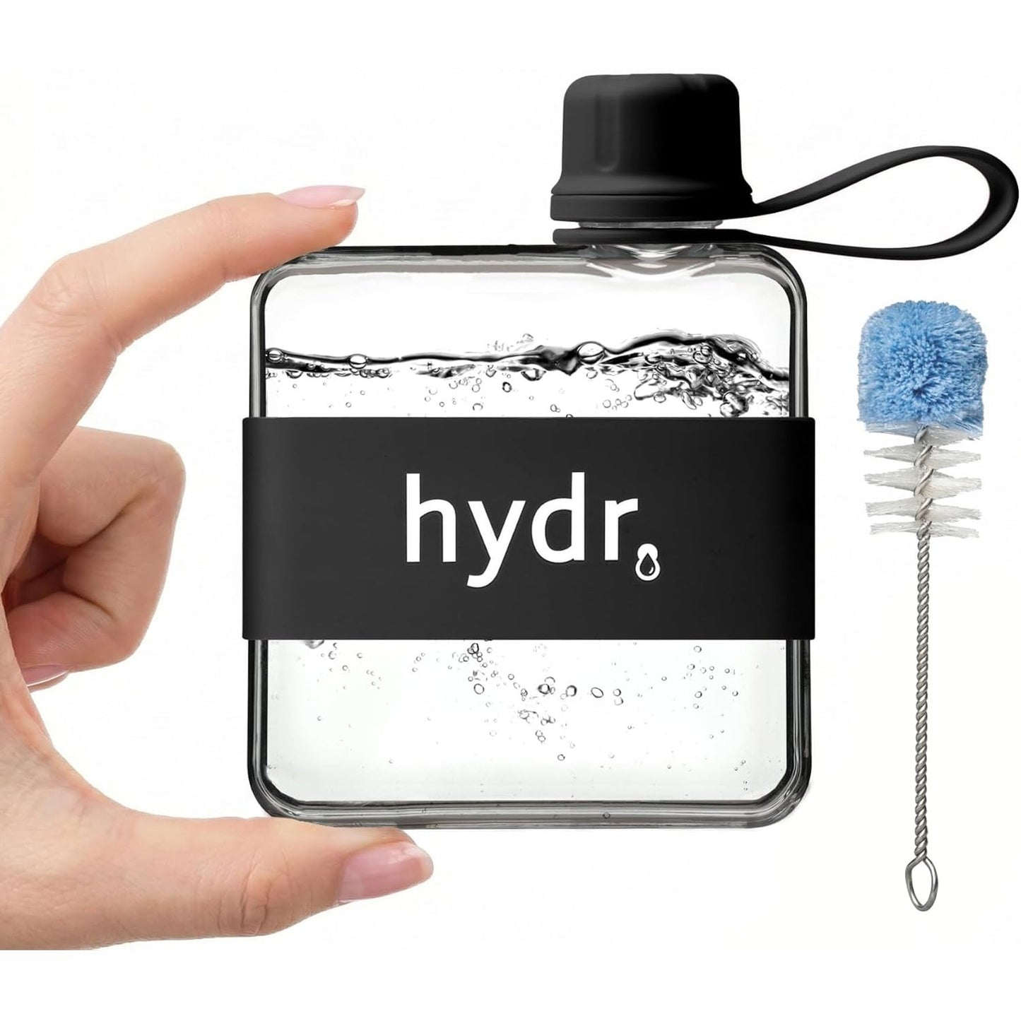 227893 - HYDR™ V2 Shishe Uji e Hollë për Çantë Dore me Furçë Pastrimi Fleksibël, Kapacitet 320 ml, Material Tritan, Pa BPA, Ngjyrë E Zezë Nero