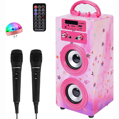 188958 - DYNASONIC Makinë Karaoke Portative me 2 Mikrofonë, Altoparlant Bluetooth, Dritë LED, dhe Lexues USB/SD