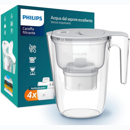 226885 - PHILIPS Enë Filtri Uji + 4 Fishekë Filtri Zëvendësues, Rrjedhje e Shpejtë, Kohëmatës Elektronik, Zvogëlon Fortësinë e Ujit deri në 50 Përqind, 2.6 L