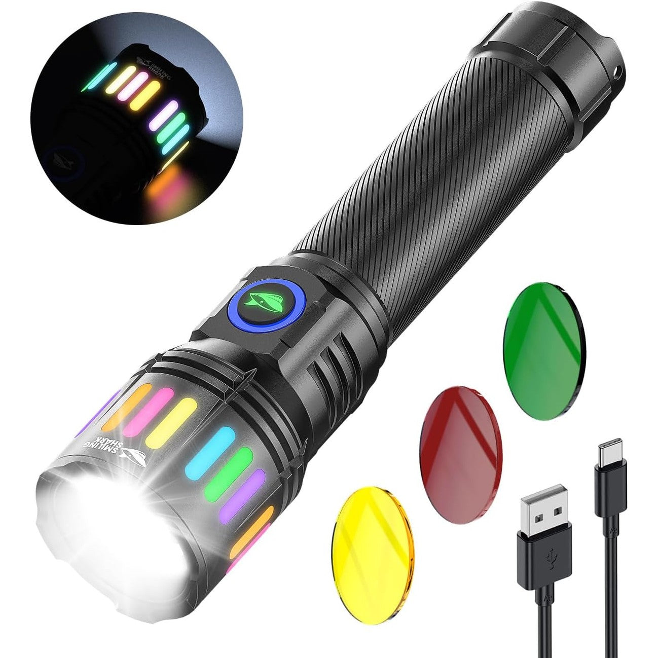 136133 - FENER SMILING SHARK M1 - Fener LED i Fuqishëm i Rikarikueshëm me 4 Mënyra dhe Zmadhim, 3 Lente me Ngjyra, Mini Fenerë për Kamping, Ecje, Shtëpi dhe Urgjenci, i Zi