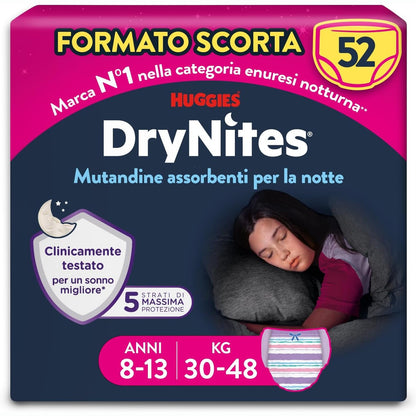275033 - HUGGIES Pelena Drynites, Madhësia L (30-48 kg), Mbathje Thithëse për Vajza, 8-13 Vjeç, Pako me 52 copë