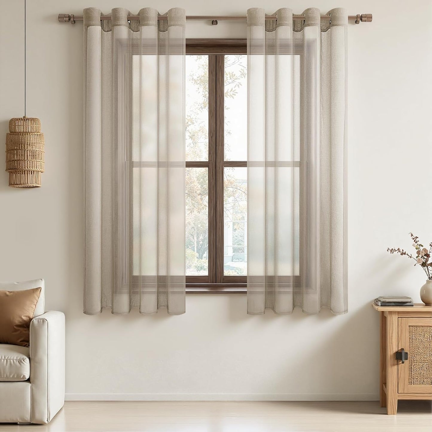 221677 - MRTREES Perde Voile, Gjysmëtransparente, të Shkurtra me Vrima, Bezhë, 137×140cm (L×G), Set me 2 copë