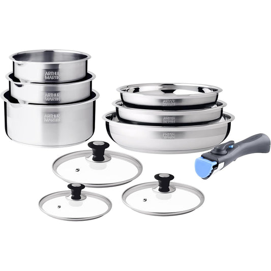 245092 - ARTHUR MARTIN Set enësh gatimi prej çeliku inox me 10 pjesë, tenxhere dhe tiganë që nuk ngjitin, kapakë, enë të përfshira, i përshtatshëm për të gjitha sobat, dorezë e lëvizshme, me sipërfaqe sateni