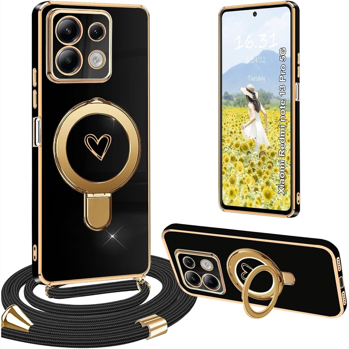267420 - YUTWO Mbrojtëse për Redmi Note 13 Pro 5G me rrip, e Zezë, me mbështetje dhe zemër Love