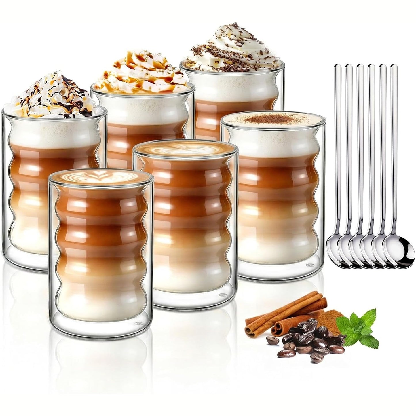 218376 - ecooe Filxhan kafeje me mur të dyfishtë 350ml, Set prej 6 gotash dhe lugësh për çaj Latte Macchiato, Filxhan qelqi për çaj, qumësht, lëng