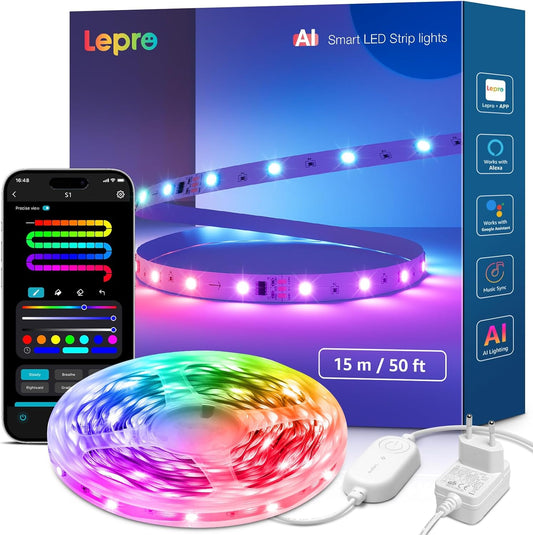 170733 - LEPRO S1 AI Shirit LED 15M, Drita MagicColor, Kompatibel me Alexa dhe Google Assistant, Sinkronizim me Muzikë, Dizajn Personalizuar Ndriçimi AI, Dritë WiFi për Dhomë, Festë, Lojëra