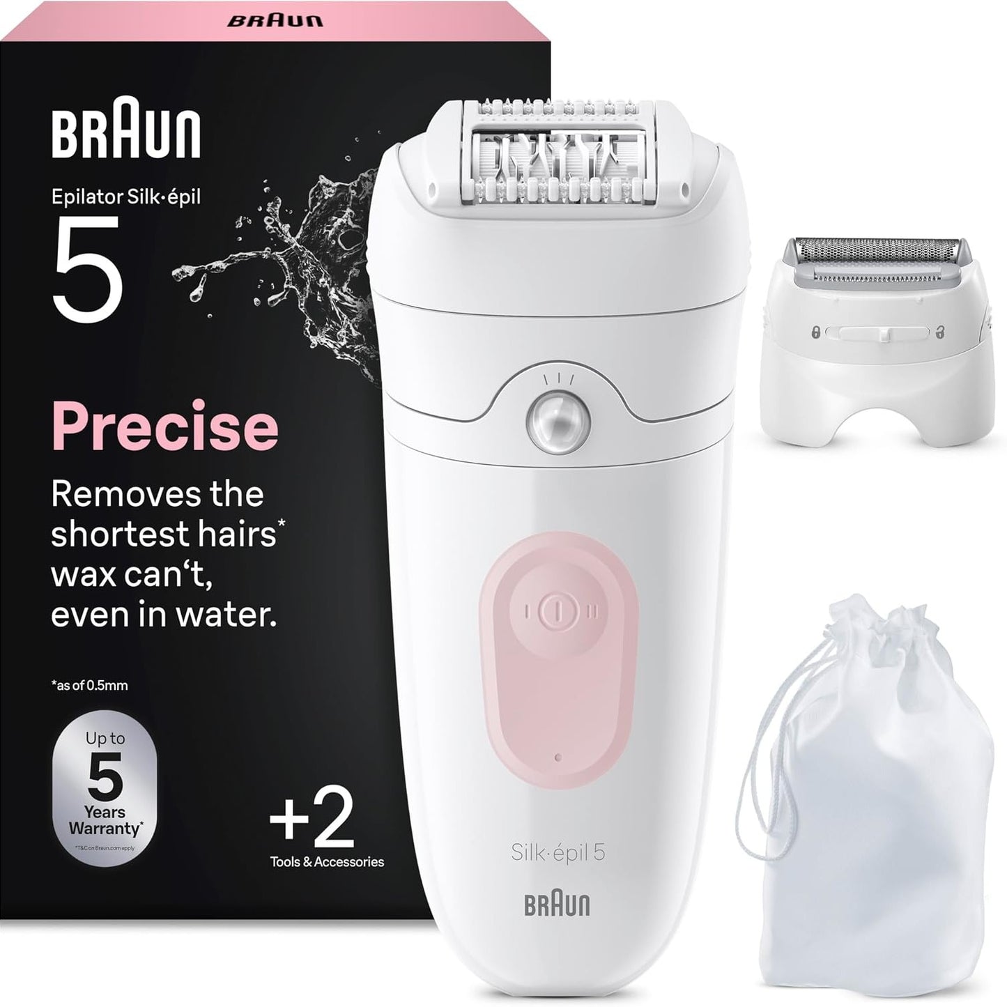 274960 - BRAUN Depilator elektrik për femra Silk-épil 5, 5-030, i bardhë dhe rozë flamingo, i papërshkueshëm nga uji, pa tel, kokë rul masazhi, komplet depilatori