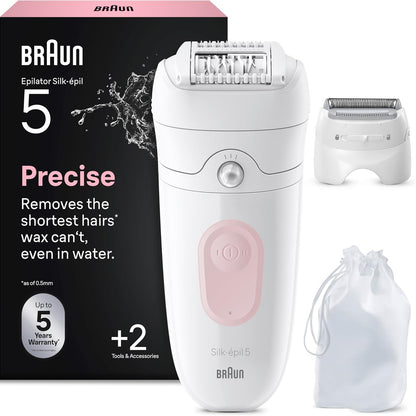 274960 - BRAUN Depilator elektrik për femra Silk-épil 5, 5-030, i bardhë dhe rozë flamingo, i papërshkueshëm nga uji, pa tel, kokë rul masazhi, komplet depilatori