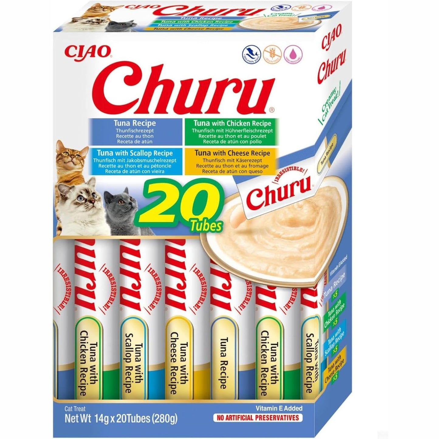 224080 - INABA Ushqime për mace Churu, me një përbërës të vetëm me ton, pa drithëra, pa sheqer, 100% mish natyral, 20 x 14g.