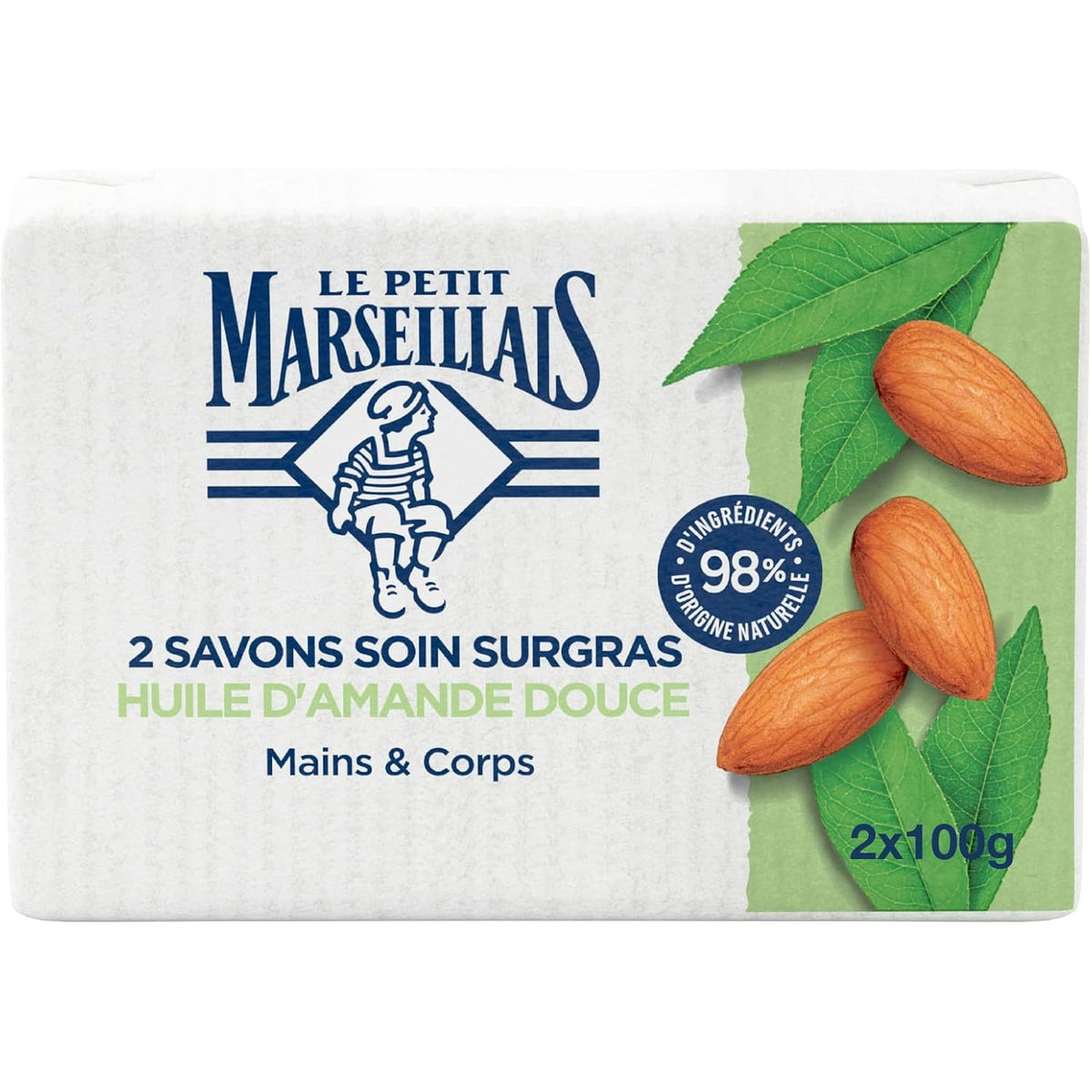 301519 - LE PETIT MARSEILLAIS Sapun Kujdesi Ekstra i Pasur me Vaj Bajamesh të Ëmbël, 2 copë 100g, 98% përbërës natyralë, Paketim letre i riciklueshëm