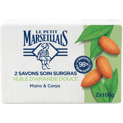 301519 - LE PETIT MARSEILLAIS Sapun Kujdesi Ekstra i Pasur me Vaj Bajamesh të Ëmbël, 2 copë 100g, 98% përbërës natyralë, Paketim letre i riciklueshëm