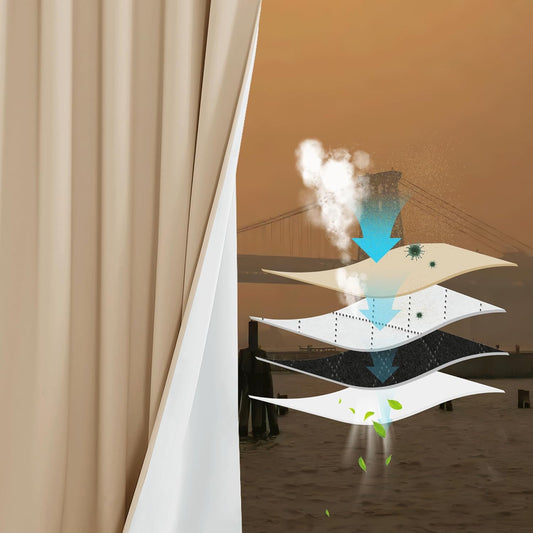 195076 - PONY DANCE Perde Me Filtër Pluhuri Me Pëlhurë Meltblown, Set Prej 2 Copësh, 213x132 cm, Me Vrima, 4 Shtresa, Izoluese Zhurme, 100% Opake, Biscotti Beige