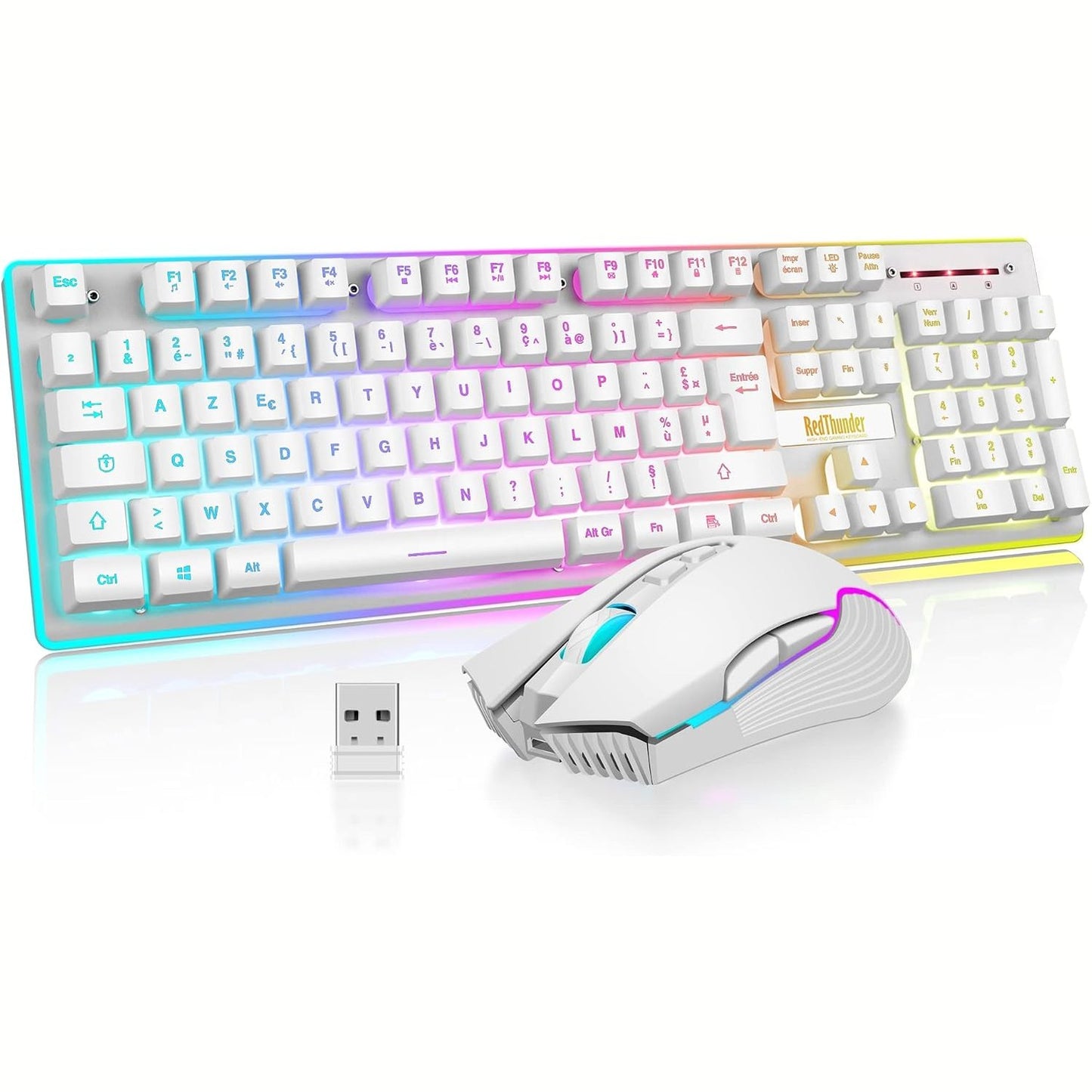 319739 - CMF Kombinim Tastiere dhe Mausi pa tel RedThunder K10, Ndriçim Prapa, Paraqitje Franceze AZERTY, Lidhje 2.4 GHz, Bateri Rikarikueshme 3800mAh, Maus 3200 DPI për PC, Mac, PS5, Xbox - i Bardhë