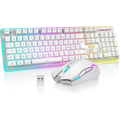 319739 - CMF Kombinim Tastiere dhe Mausi pa tel RedThunder K10, Ndriçim Prapa, Paraqitje Franceze AZERTY, Lidhje 2.4 GHz, Bateri Rikarikueshme 3800mAh, Maus 3200 DPI për PC, Mac, PS5, Xbox - i Bardhë