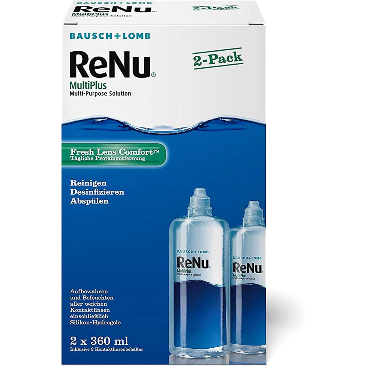 302162 - BAUSCH + LOMB Tretësirë e kombinuar ReNu MultiPlus me heqës proteinash, Pastrues për lente kontakti, Tretësirë për ruajtje, Lente të buta, Pako me 2 copë, 2 x 360 ml