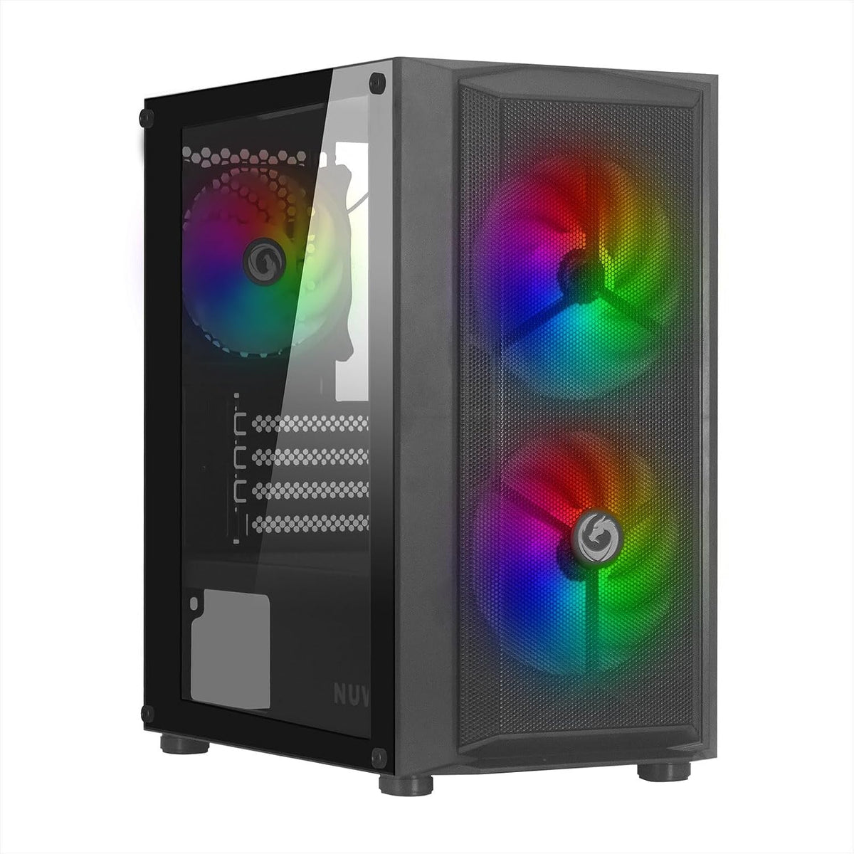 295161 - NUWO Blitz R26, Kutia e zezë Micro-ATX për kompjuter, Mini Tower, 0.50 mm SPCC, 3 ventilatorë, ndriçim LED ylberi, panel anësor prej qelqi të temperuar (Gjerësi x Lartësi: 390x346x200 mm)