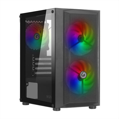 295161 - NUWO Blitz R26, Kutia e zezë Micro-ATX për kompjuter, Mini Tower, 0.50 mm SPCC, 3 ventilatorë, ndriçim LED ylberi, panel anësor prej qelqi të temperuar (Gjerësi x Lartësi: 390x346x200 mm)
