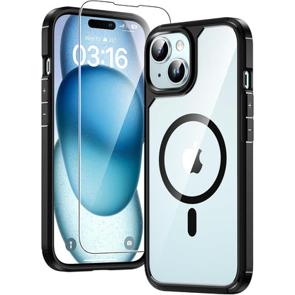 269209 - TAURI Mbështjellëse magnetike për iPhone 15, me mbrojtës ekrani, e zezë, e pajtueshme me MagSafe