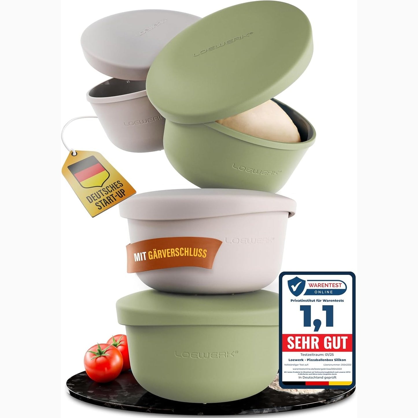 255760 - LOEWERK Kuti Brumi Pice me Kapak – Set prej 4 copësh – Kuti Brumi prej Silikoni – Ngjyrë Ulliri/Gri