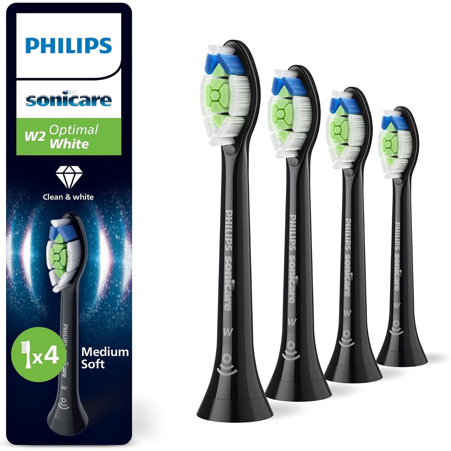 280127 - PHILIPS Sonicare W2 Optimal e Bardhë, Koka Furçash Zëvendësuese Origjinale, e Zezë, Pako me 4, HX6064/88