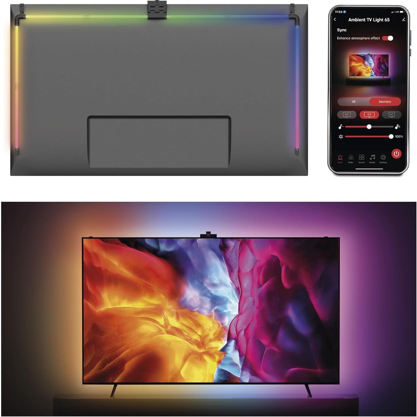 255123 - EMOS Ndriçim prapa për televizor 65" (164 cm), Tuba drite LED RGBIC, shkëlqim 610 lm, Lidhshmëri WiFi, Kontroll Aplikacioni
