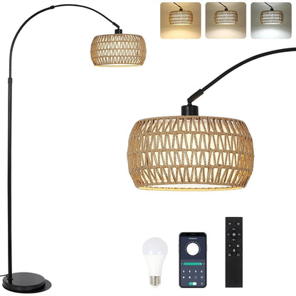 221309 - RAYOFLY - Llambë Arc Dyshemeje Vintage për Dhomë Ndenje, me Perde Ratan, Stil Boho, Telekomandë, Llambë LED, Kontroll me Aplikacion, Errësim të Ulët