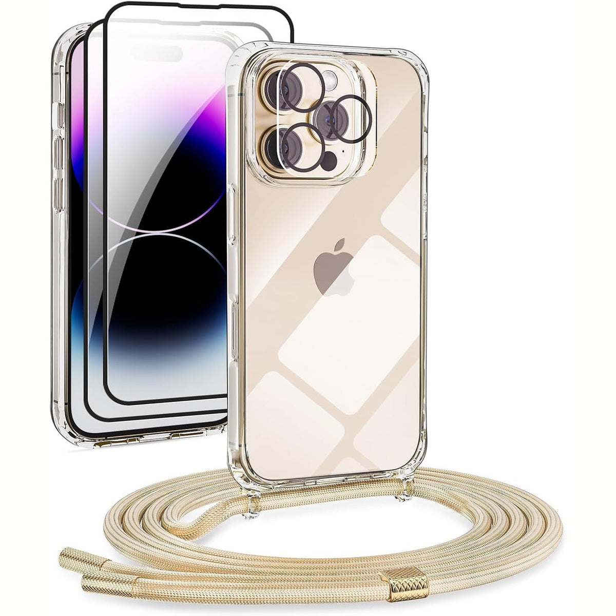 305633 - DIDADI Set Gjerdanësh Telefoni 5 në 1 për iPhone 16 Pro, Mbrojtëse Gjerdani me Rripa + Mbrojtëse Transparente + 2 Mbrojtëse Ekrani + Xham Mbrojtës për Kamerën, Mbrojtëse me Lidhës (Ar, iPhone 16 Pro)