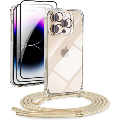 305633 - DIDADI Set Gjerdanësh Telefoni 5 në 1 për iPhone 16 Pro, Mbrojtëse Gjerdani me Rripa + Mbrojtëse Transparente + 2 Mbrojtëse Ekrani + Xham Mbrojtës për Kamerën, Mbrojtëse me Lidhës (Ar, iPhone 16 Pro)