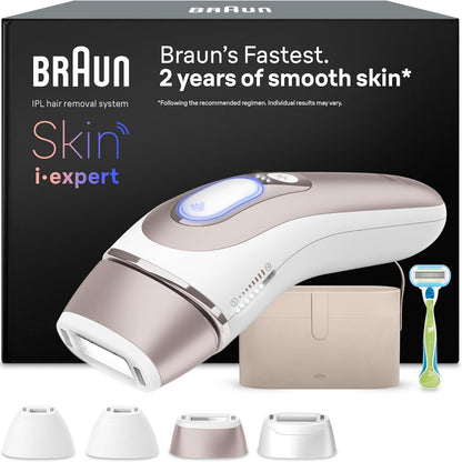 300206 - BRAUN Smart IPL 7 Skin i·expert – Pajisje IPL për heqjen e qimeve, heqje të përhershme dhe pa dhimbje të qimeve në shtëpi – përfshirë aplikacion falas, kuti, makinë rroje Venus, 4 aksesorë inteligjentë – PL7387, e bardhë/e artë rozë