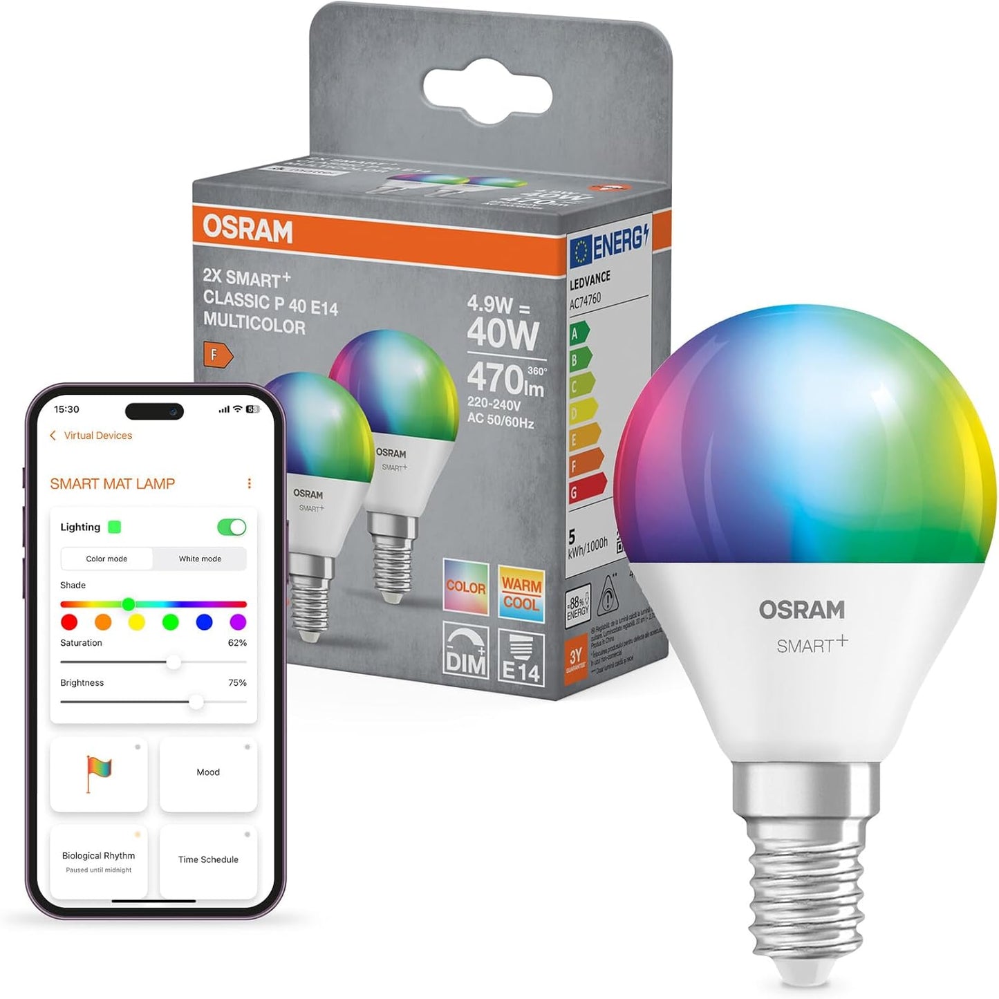 214662 - OSRAM Llampa SMART+ me dritë Matter mbi Wifi, Bazë E14, 9W, 16 milionë ngjyra RGB, E bardhë e ngrohtë - E bardhë dite (2700-6500K)