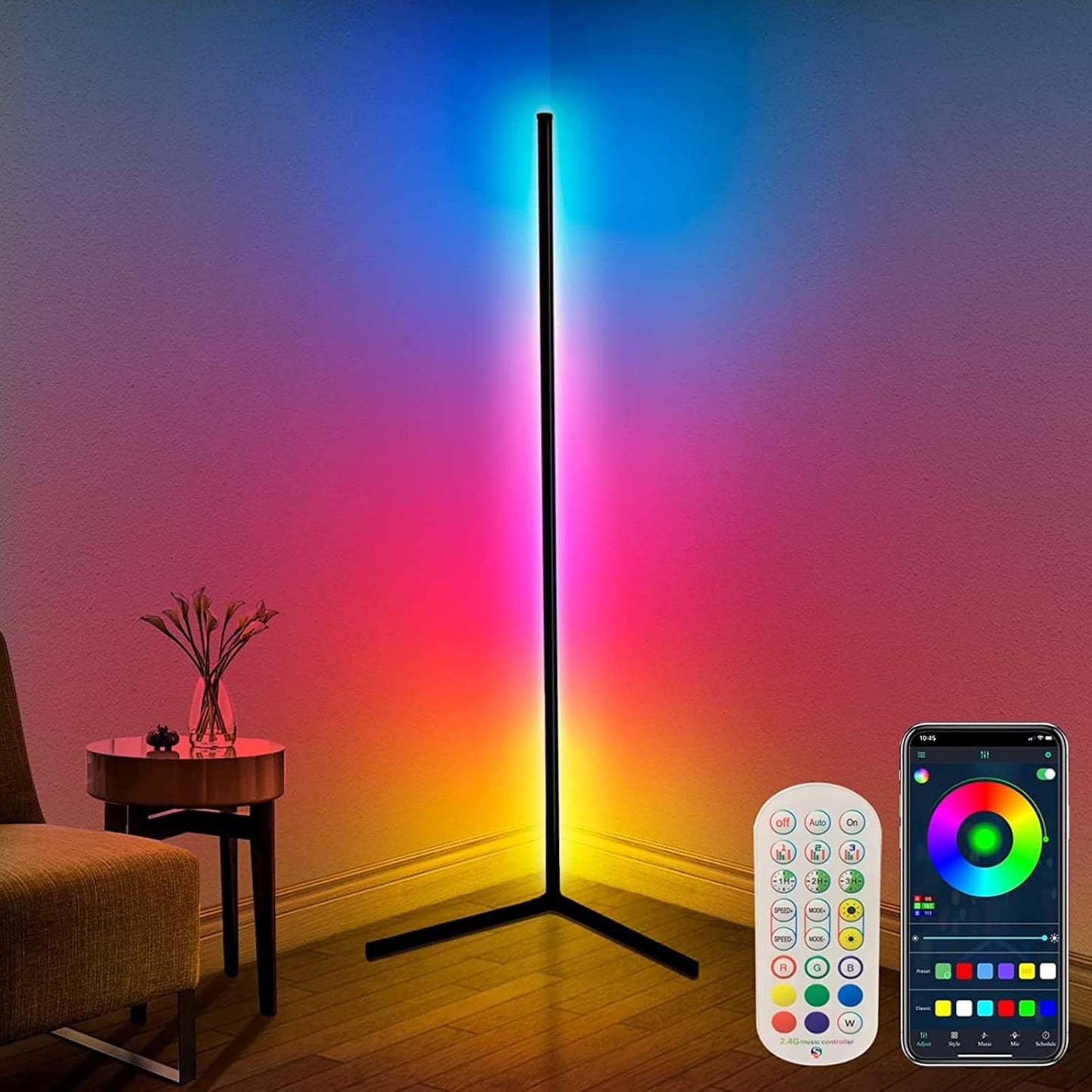205060 - DEEPRBLING Llambë LED Dyshemeje Inteligjente 165 cm, me 16 milionë Drita RGB që Ndryshojnë Ngjyrat, Sinkronizim Muzikor, Kontroll nga Telekomandë dhe Aplikacion, Modalitet dhe Kohëzim DIY, Ndriçim Modern për Dhomë të Ndenjes
