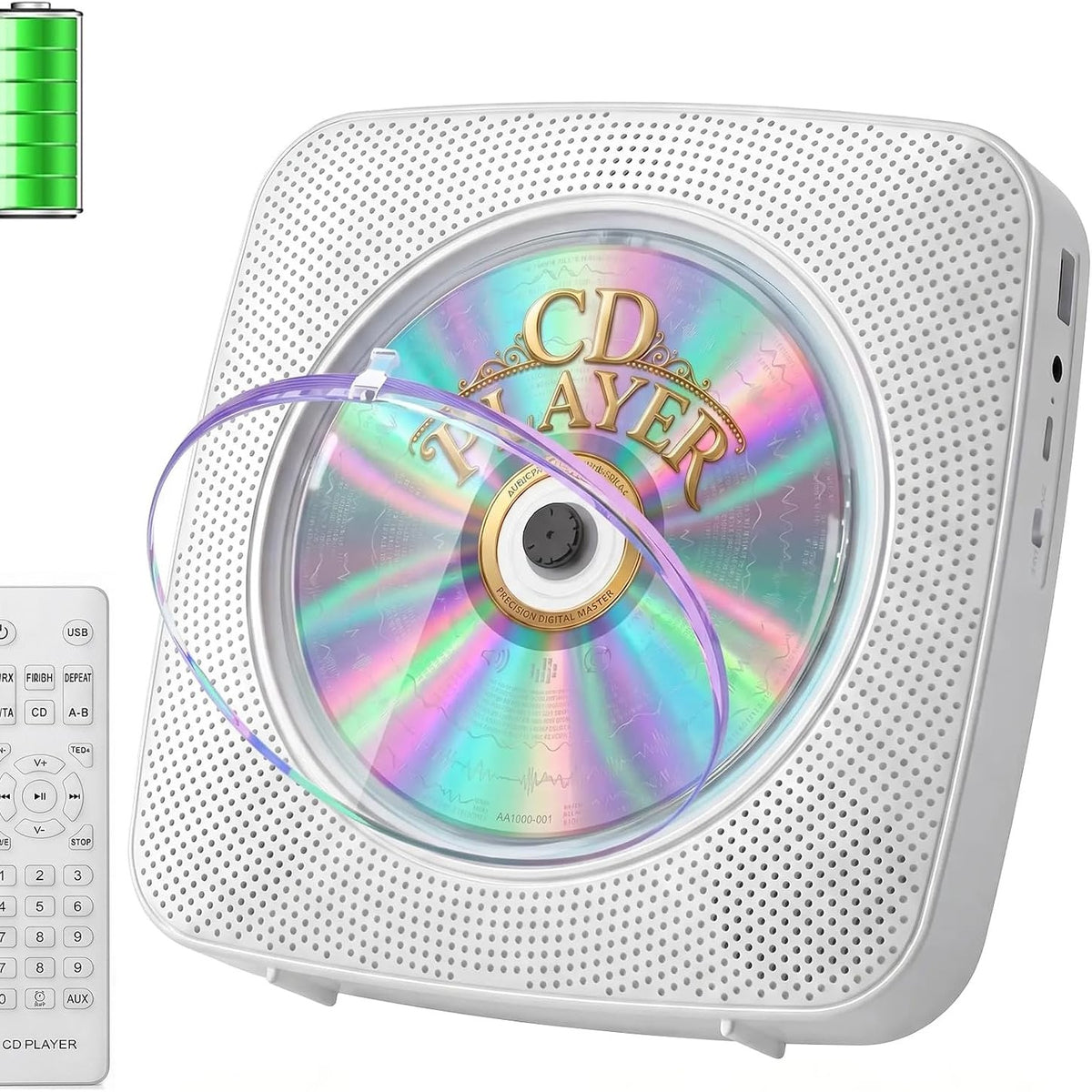 295175 - Gueray CD Player Portativ me Bluetooth 1800mAh, CD Player me dy altoparlantë, telekomandë, mbulesë rezistent ndaj pluhurit, ekran, radio FM, kohëmatës, USB, hyrje Aux, e bardhë