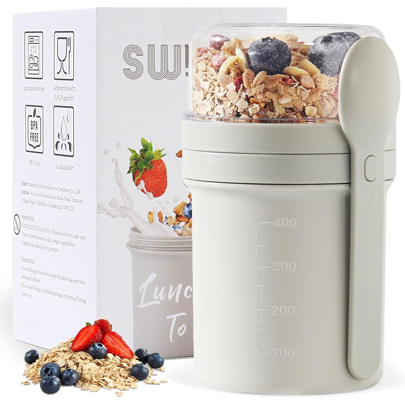 294503 - SWKIEN Filxhan Musli për të Marrë me Vete 450ml+250ml, me Lugë, i Papërshkueshëm nga Rrjedhja, Gri e Çelët