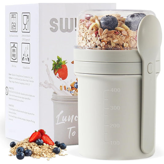 294503 - SWKIEN Filxhan Musli për të Marrë me Vete 450ml+250ml, me Lugë, i Papërshkueshëm nga Rrjedhja, Gri e Çelët