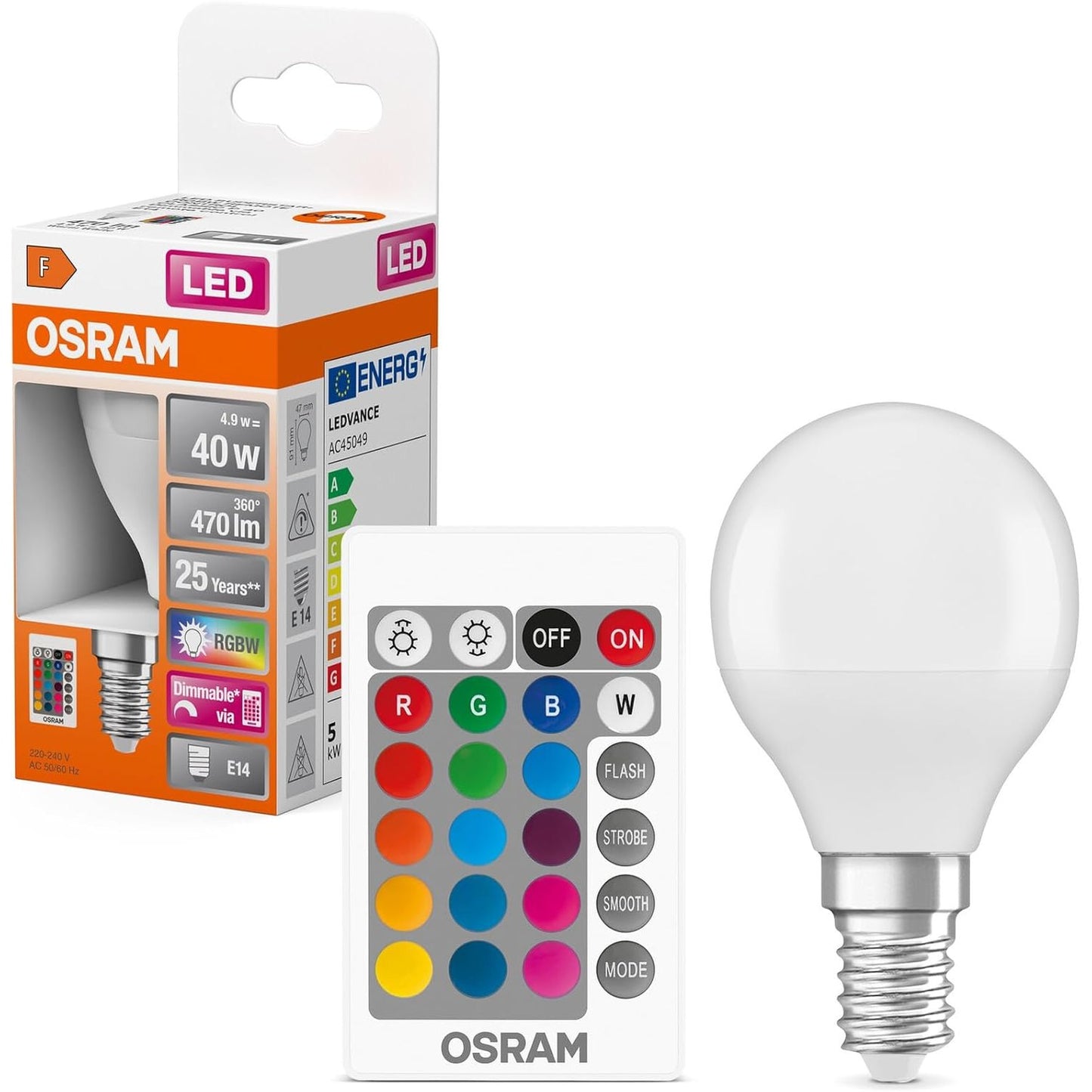 224801 - OSRAM Llampa LED E14, E bardhë e ngrohtë 2700 K, 4.9 W, ekuivalente me 40 W, LED RGBW me telekomandë